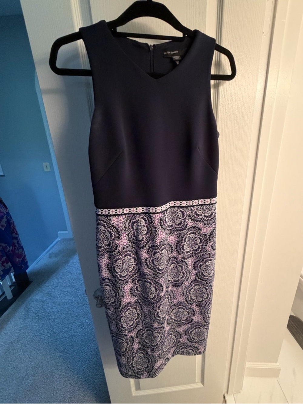 Maggy London Navy Top Lavender Paisley Midi Sheath Dress